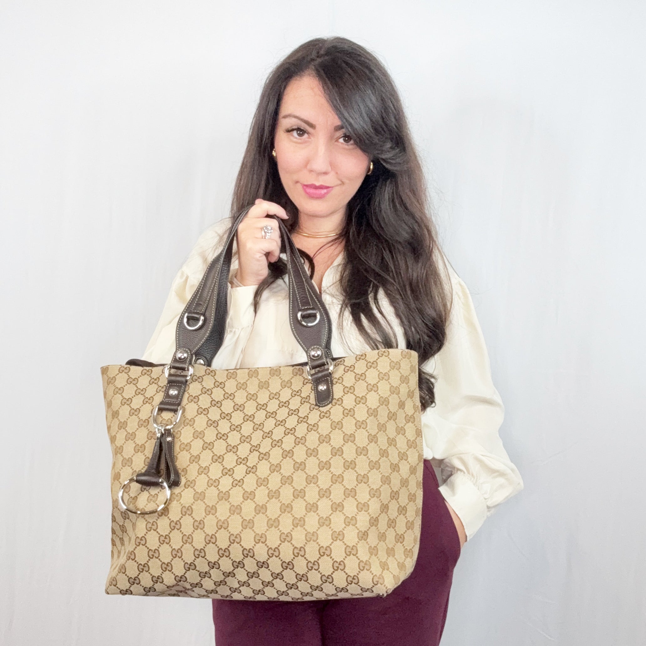 Gucci Beige Brown Monogram Canvas Icon Bit Medium Tote Bag