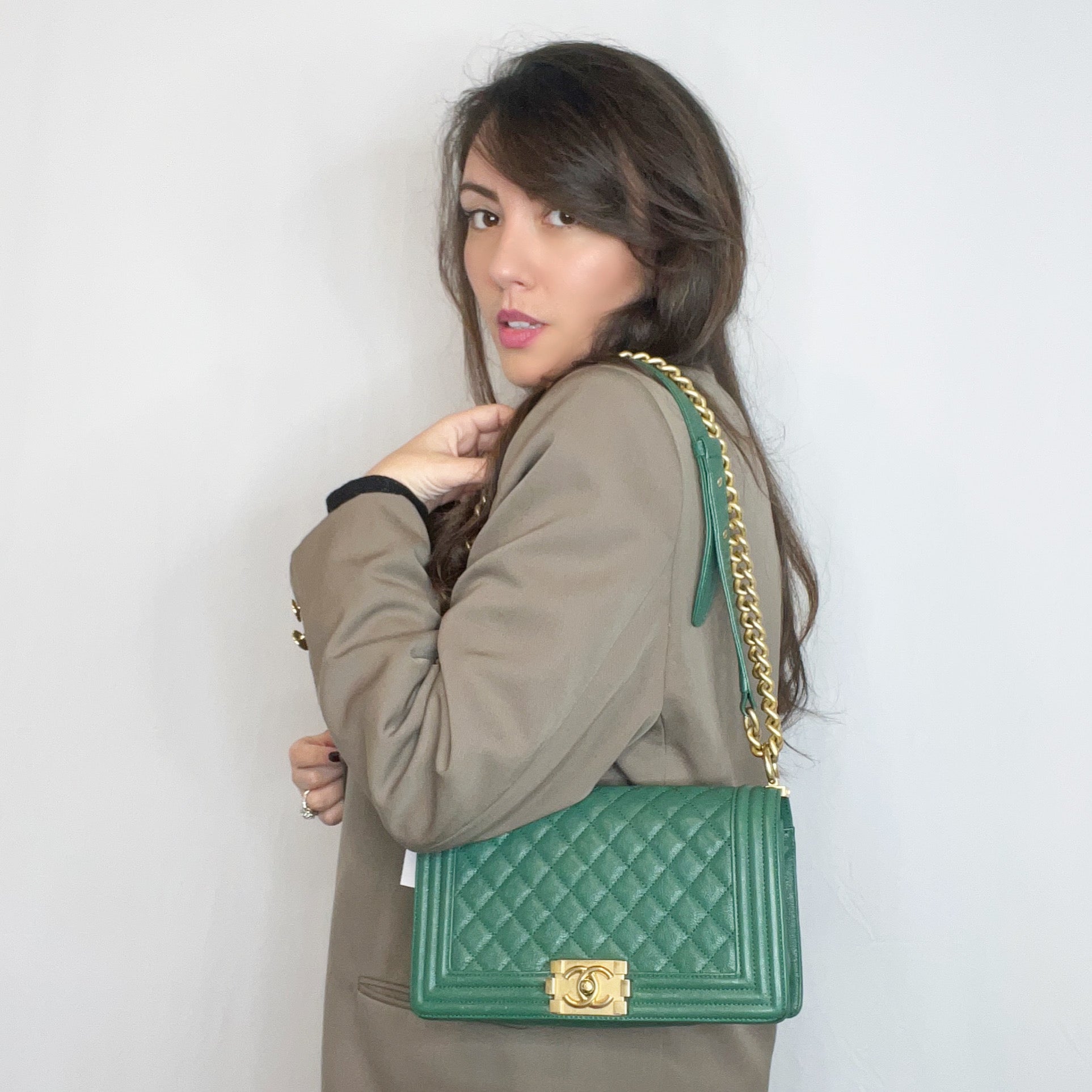 Chanel Green Quilted Caviar Leather Medium Boy Shoulder Bag